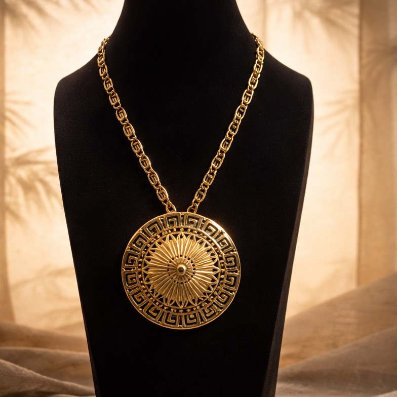 Elegant Vintage Monet Etruscan Revival Style Medallion Pendant Necklace